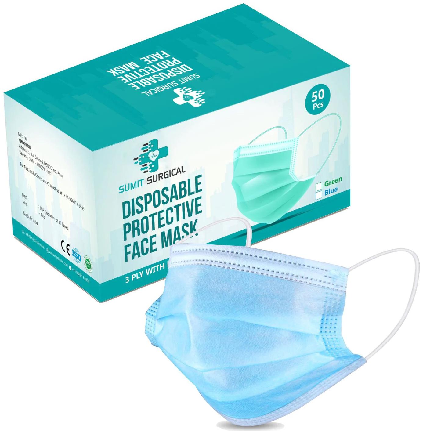 

Sumit Surgical 3 Ply Disposable Protective With Adjustable Nose Pin 50 pcs (Pack of 2)