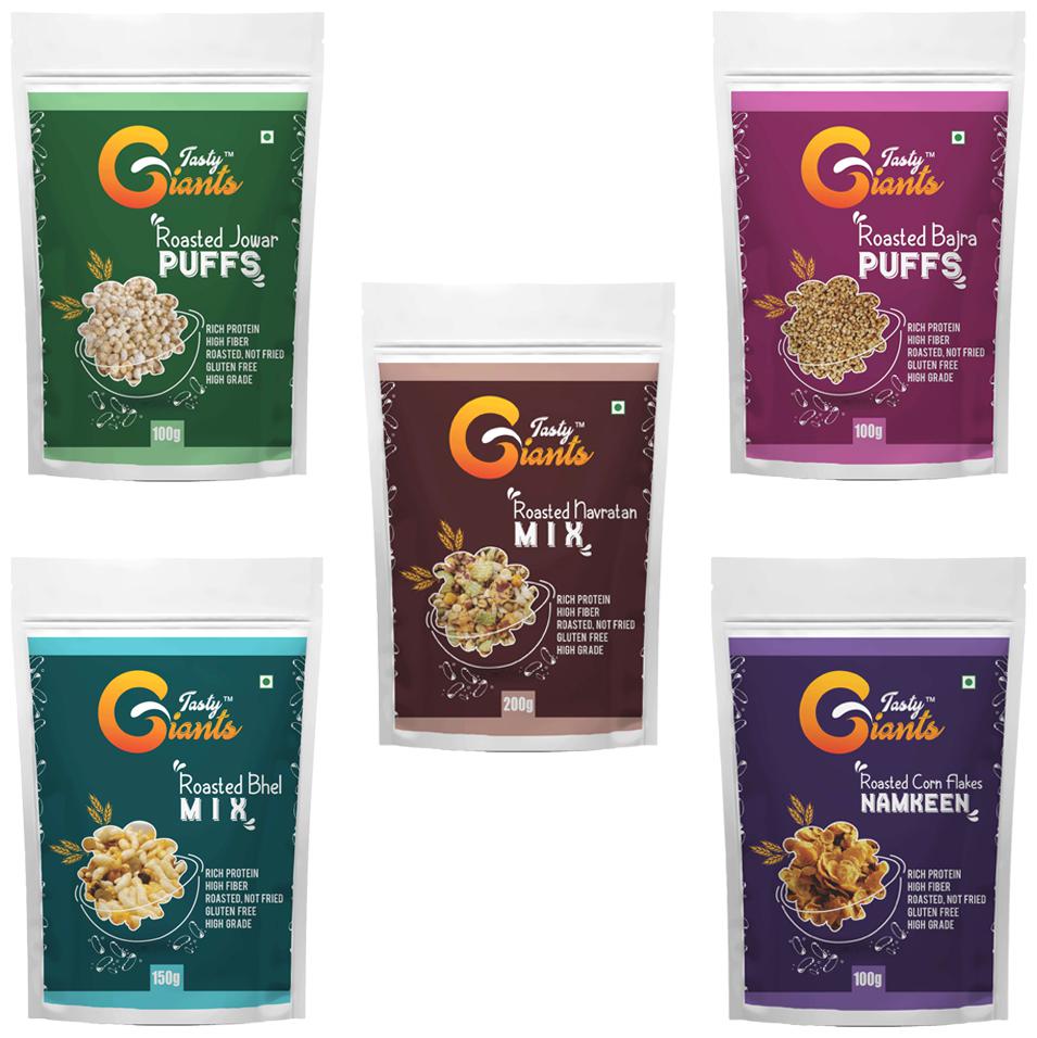 

Tasty Giants Healthy Roasted Combo-(Roasted Jowar Puffs- 100g Roasted Bajra Puffs- 100g Roasted Corn Flakes Namkeen-100g Roasted Bhel Mix- 150g Roasted Navratan Mix- 200g)(Pack of 5)