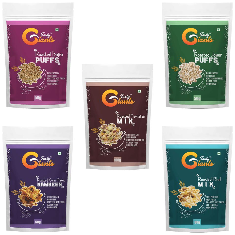 

Tasty Giants Healthy Roasted Combo (Roasted Jowar Puffs- 50g Roasted Bajra Puffs- 50g Roasted Corn Flakes Namkeen-50g Roasted Bhel Mix- 80g Roasted Navratan Mix- 100g)(Pack of 5)