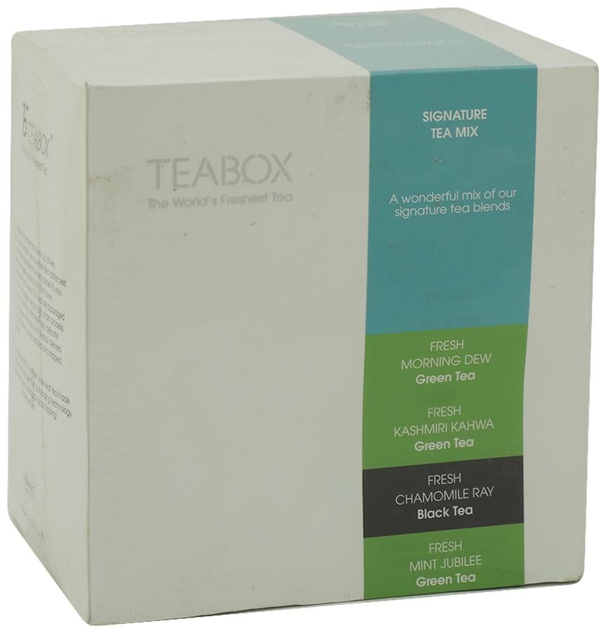 

Teabox Premium Tea Bags Combo - All-Natural Kashmiri Kahwa Chamomile Ray Mint Jubilee Morning Dew Jasmine 16 Teabags