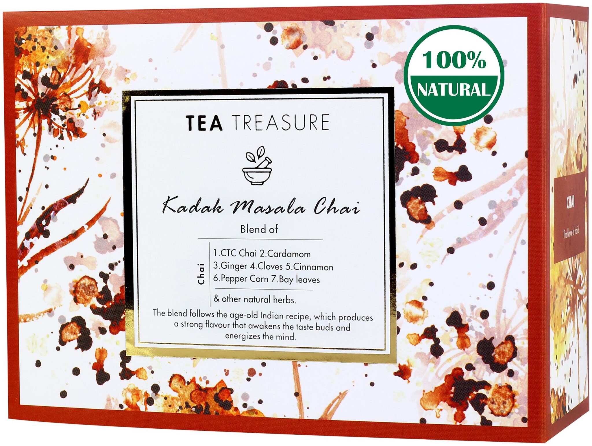 

TeaTreasure Kadak Masala Chai with Ginger Cloves Cinnamon Peppercorn and Cardamom - 1 Teabox (18 Pyramid Tea Bags)
