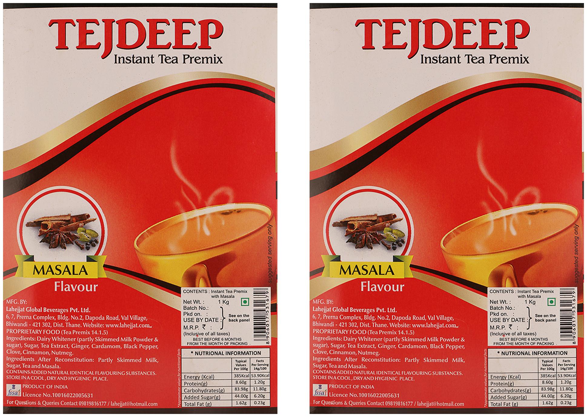 

Tejdeep Masala Flavour Instant Tea Premix 1 kg x 2 Premix Tea for Vending Machine Ready to drink tea