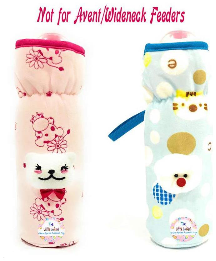 

The Little Lookers Soft Plush Stretchable Baby Feeding Bottle Cover with Easy to Hold Strap Suitable for 240ml Cute Animated Overall Print Pack of 2 (Pink Blue - 240 ml)