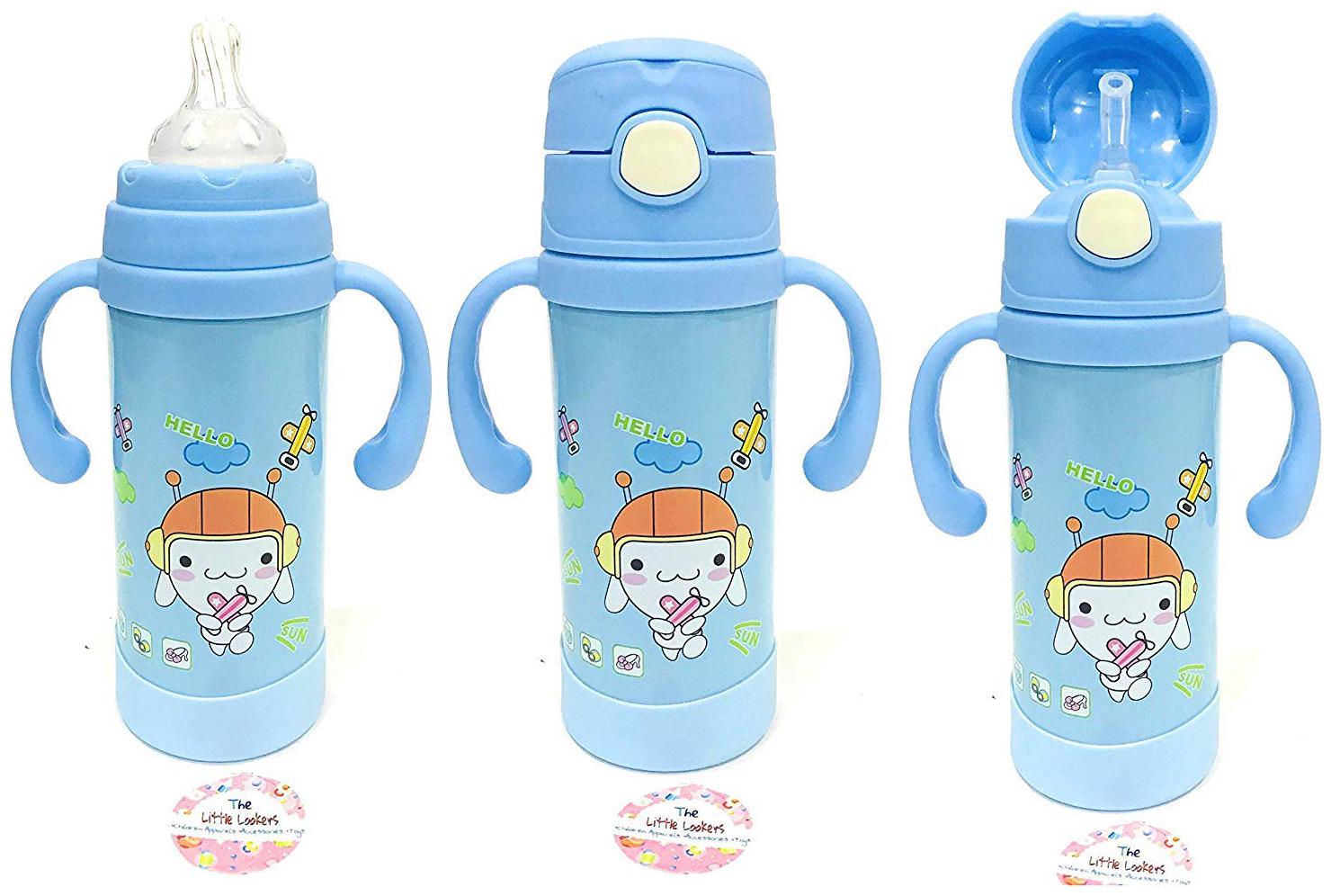 

The Little Lookers Thermal Insulation Stainless Steel Newborn Baby (2 in 1) Sipper Cum Feeding Bottle Feeder with Handle Strap Straw for Infants Babies Kids (Blue 220 ml)