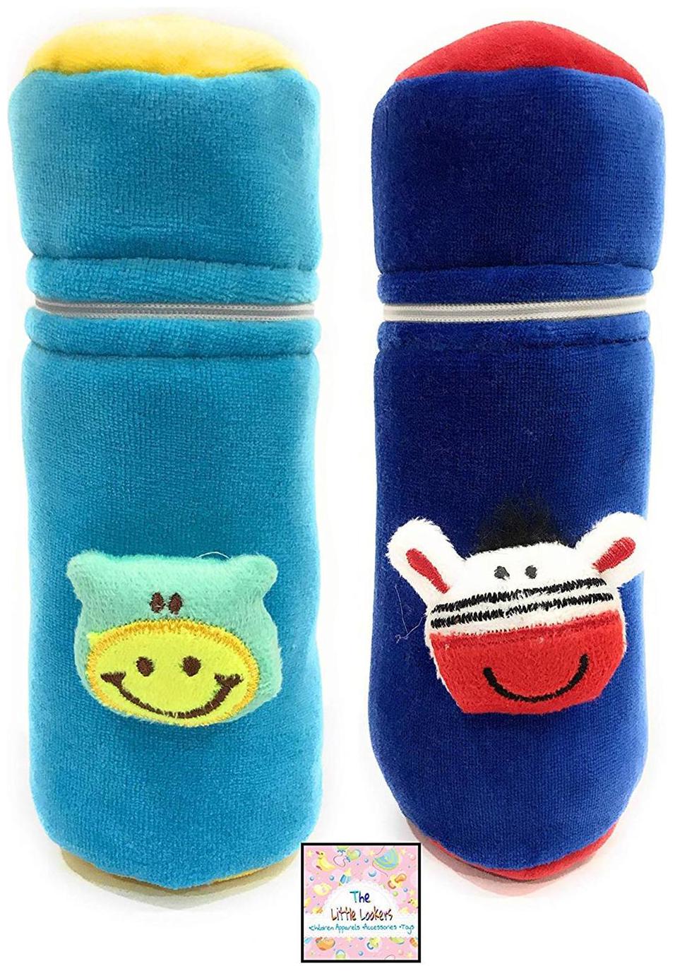 

The Little Lookers Soft Plush Stretchable Baby Feeding Bottle Cover with Easy to Hold Strap and Zip Suitable for 120 150 ml Cute Animated Patterned Pack of 2 (Blue Royal Blue (120 150ml)