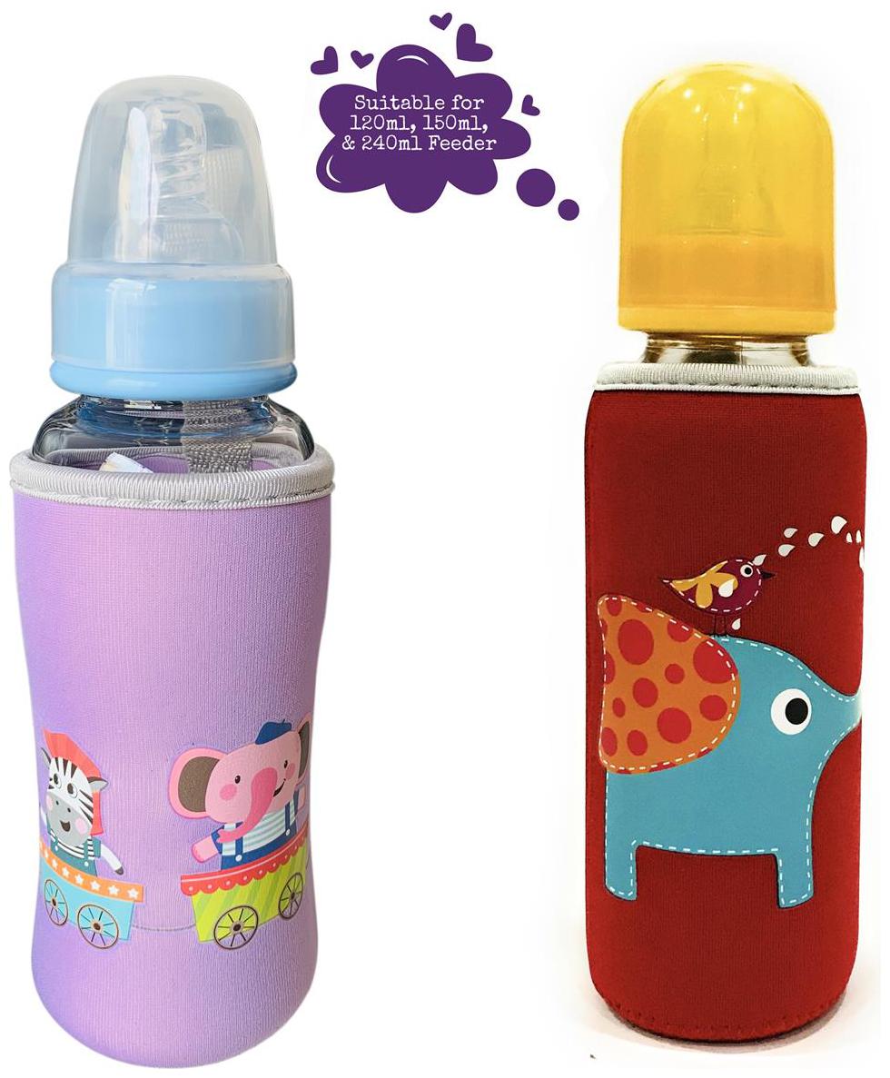 

The Little Lookers Cute Animated Patterned Soft Stretchable Baby Feeding Bottle Cover with Easy to Hold Strap for 120ml 150ml 240ml (Elephant Zebra Pack of 2)
