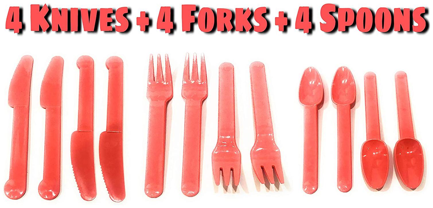 

The Little Lookers Premium Quality 12 Pieces All in One Picnic Travel School Plastic Dinner Set 4 Forks 4 Spoons 4 Knives Red (Pack Of 1)