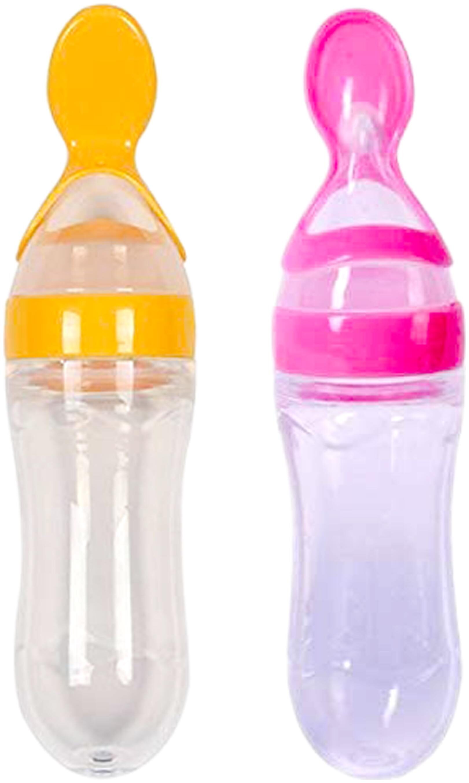 

The Little Lookers Infant Baby Squeezy Food Grade Silicone Bottle Feeder with Soft Silicon Spoon Feeder Ceralac Feeder Rice Paste Milk Food Feeder 90 ml (Squeezy Feeder - Yellow Pink) (Pack of 2)