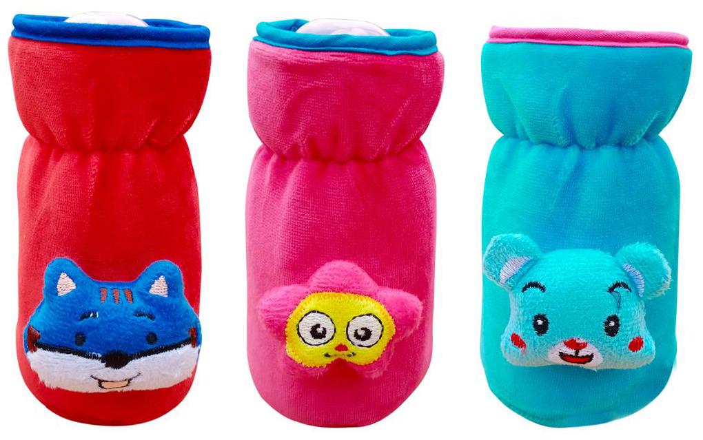 

The Little Lookers Bottle Cover for Feeders Soft Plush Stretchable Baby Feeding Bottle Cover with Easy to Hold Strap Suitable for 120ml 140ml 240ml (Pack of 3)
