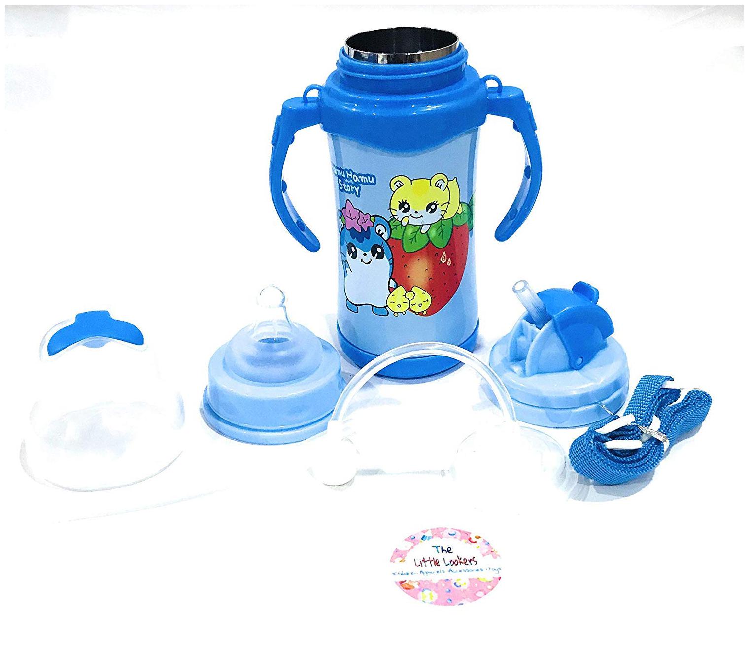 

The Little Lookers Thermal Insulation Stainless Steel Newborn Baby (2 in 1) Sipper Cum Feeding Bottle Feeder with Handle Strap Straw for Infants Babies Kids (Blue 300 ml)