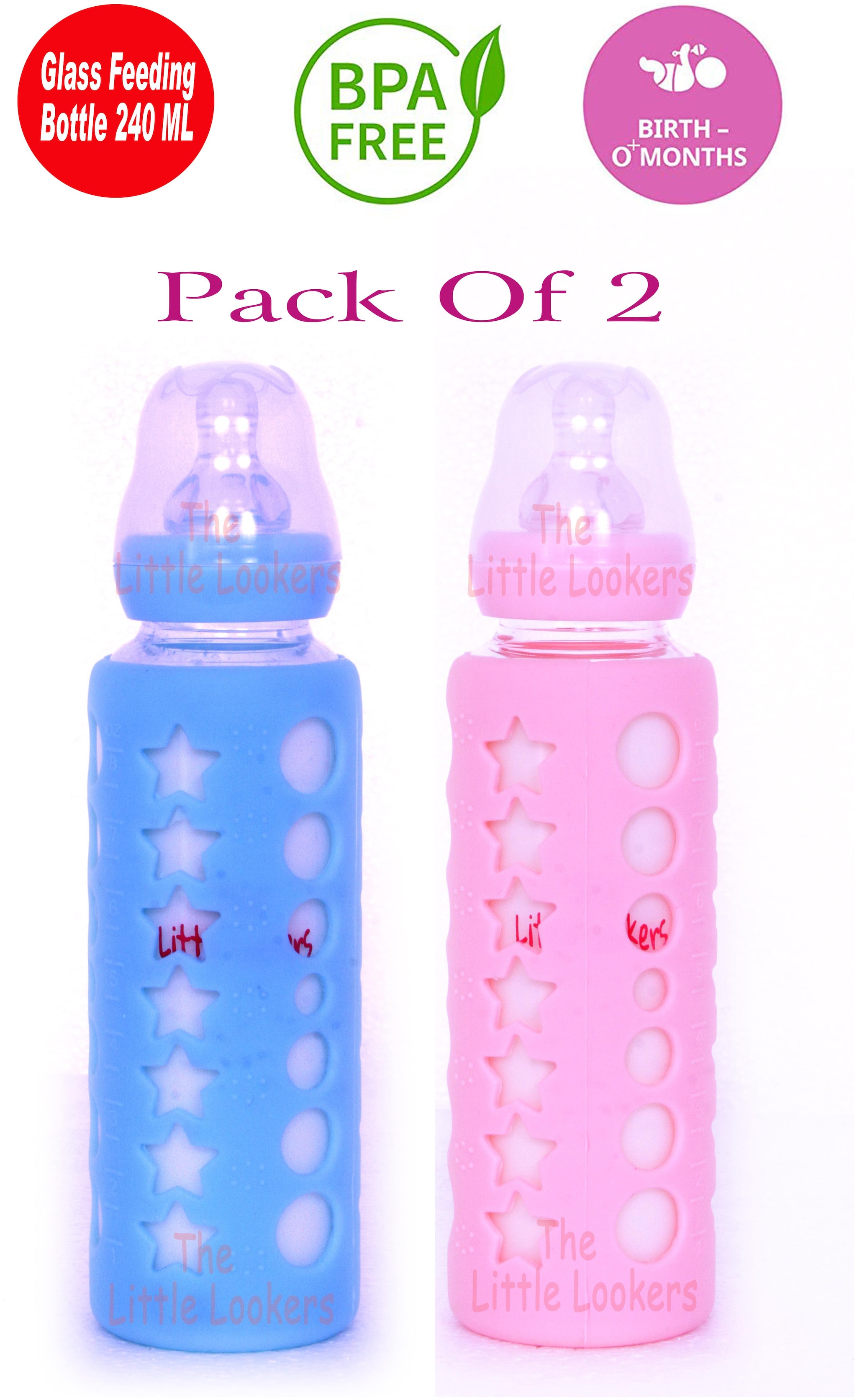 

The Little Lookers Glass Feeding Bottle for Newborns Infants Babies with Silicone Warmer Cover (Blue Pink 240 ml)