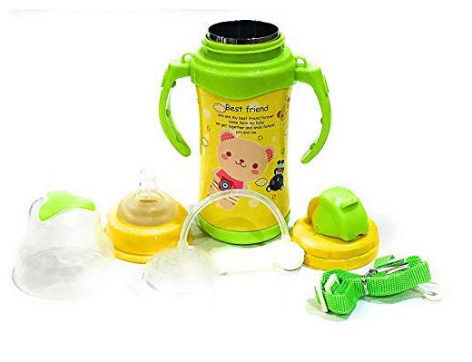 

The Little Lookers Thermal Insulation Stainless Steel Newborn Baby (2 in 1) Sipper Cum Feeding Bottle Feeder with Handle Strap Straw for Infants Babies Kids (Yellow 300 ml)