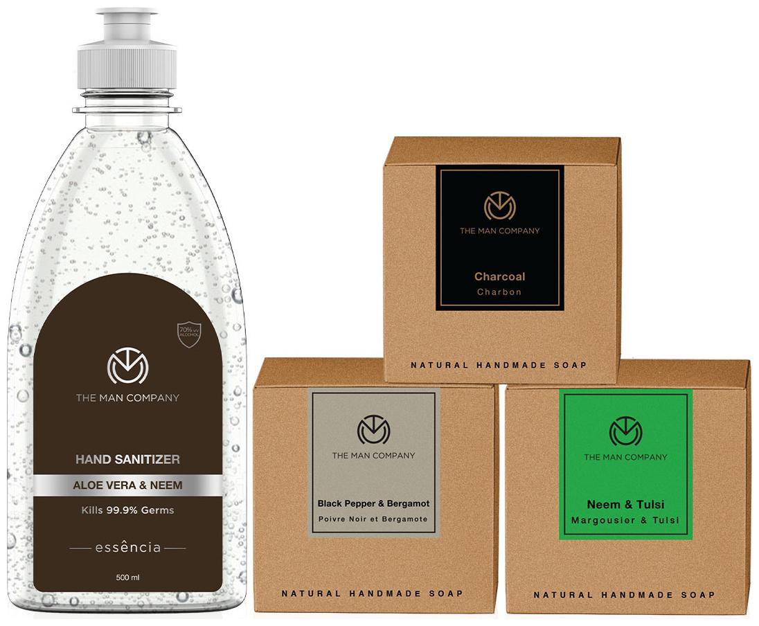

The Man Company A Handful set ( Aloe Vera Neem Hand Sanitizer(500 ml) Black Pepper Bergamot(125 g) Charcoal(125 g)and Neem Tulsi Soap (125 g))- Pack of 4