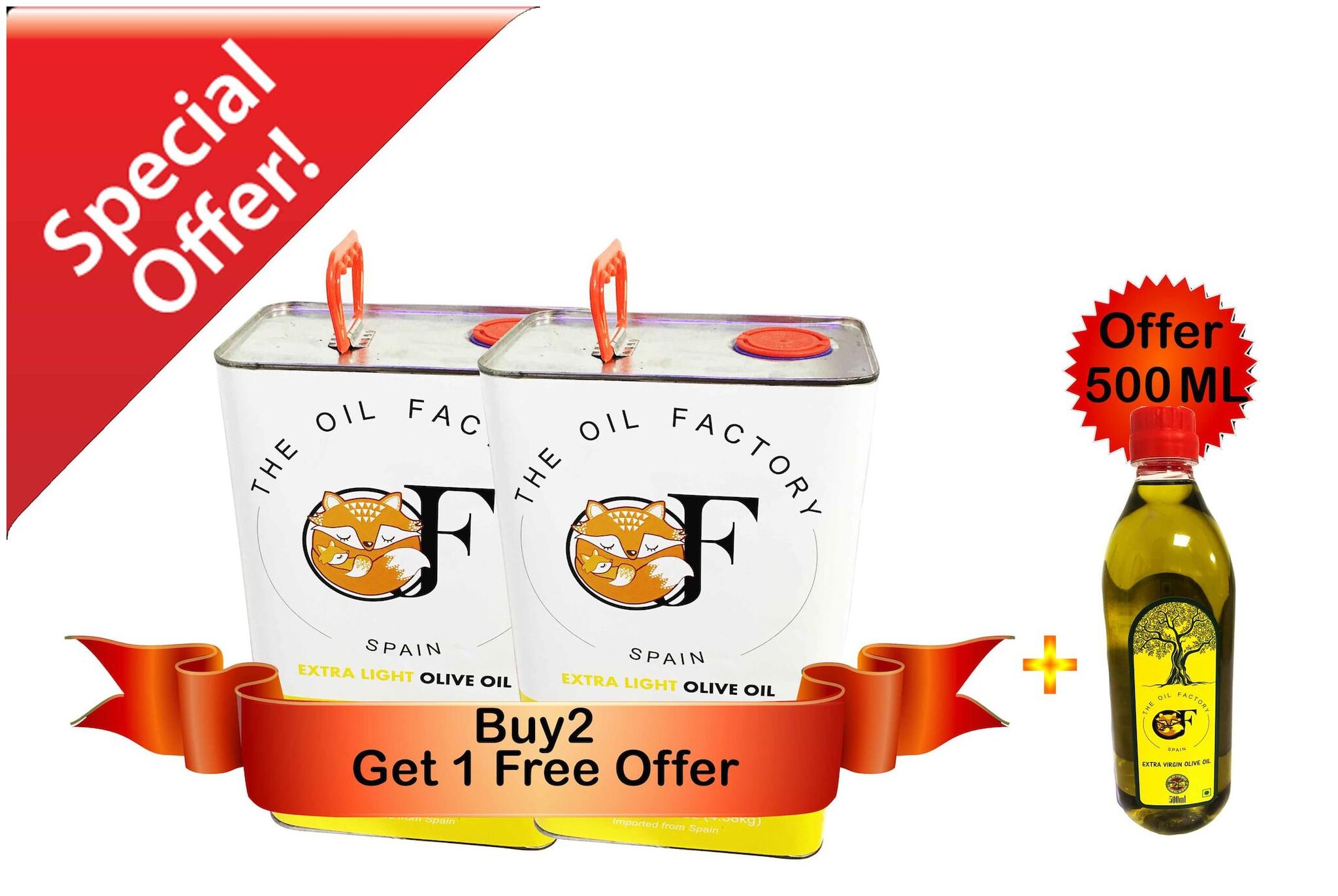 

The Oil Factory Extra Light Olive Oil 5 L (Pack of 2) With Free The Oil Factory Extra Virgin Olive Oil 500 ml