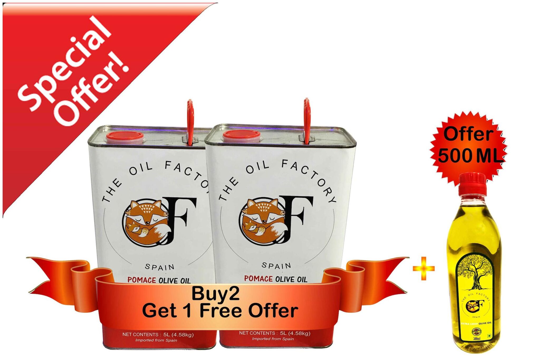 

The Oil Factory Pomace Olive Oil 5 L (Pack of 2) With Free The Oil Factory Extra Light Olive Oil 500 ml
