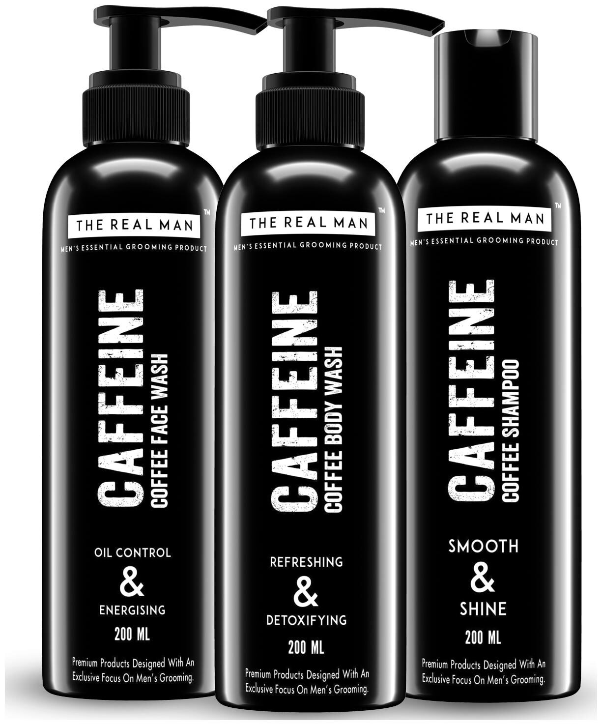 

THE REAL MAN Caffeine Coffee Refreshing Detoxifying Body Wash And Oil Control Energising Face Wash And Smooth Shine Shampoo 200ml With Extract of Aloe Vera Natural Brown Coffee 100 Organic