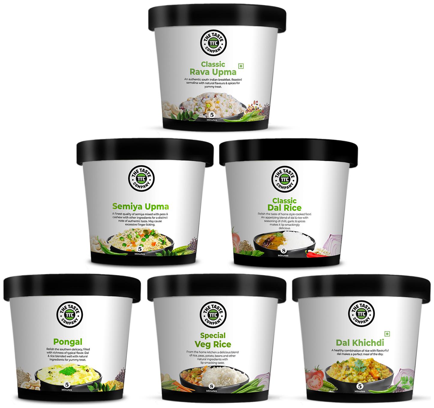 

The Taste Company Semiya Upma 90 g Rava Upma 76 g Pongal 80 g Dal Rice 80 g Dal Khichdi 65 g Special Veg Rice 90 g (Pack of 6)