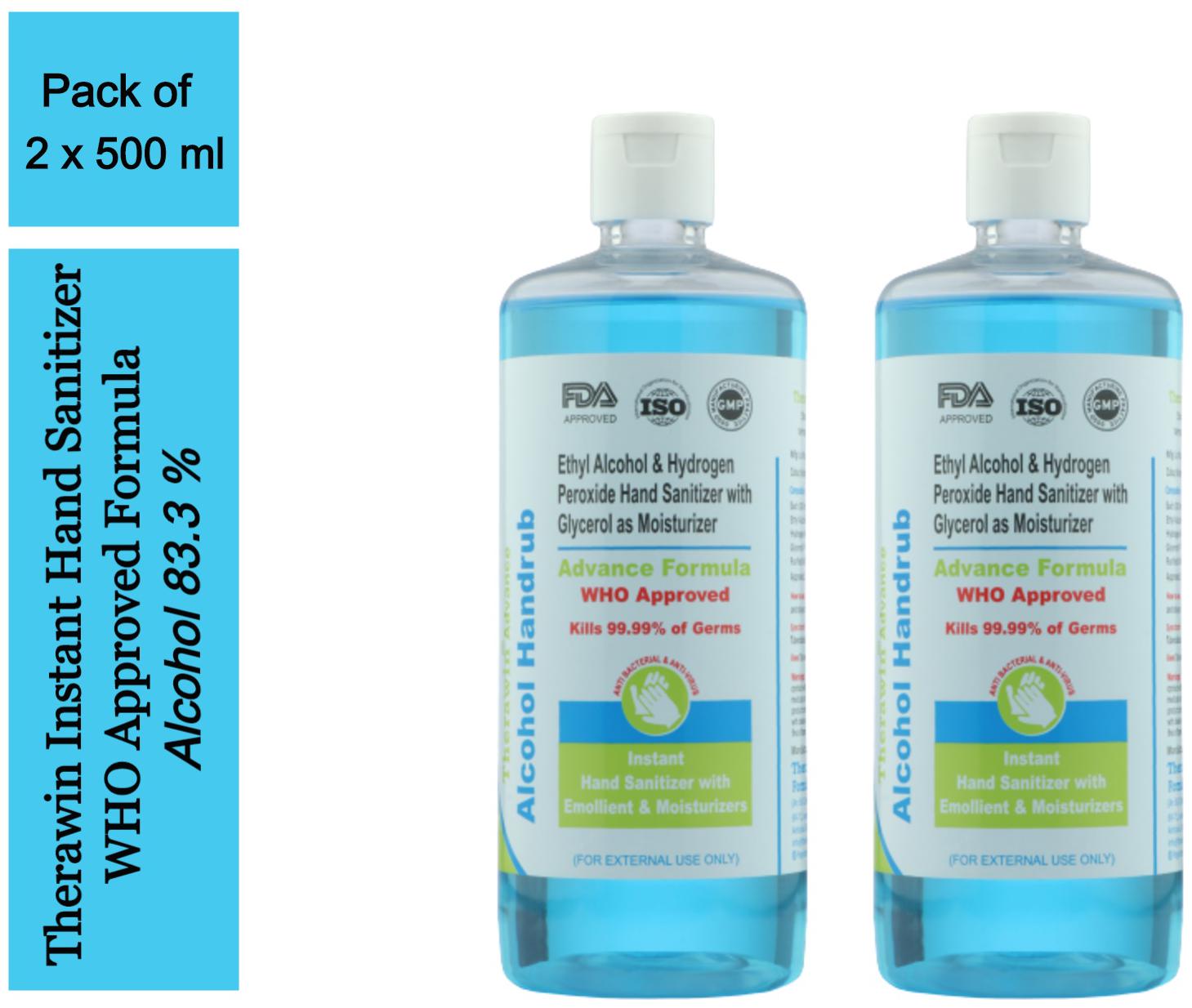 

Therawin Alochol Based Hand Sanitizer 500 ml (Pack of 2)