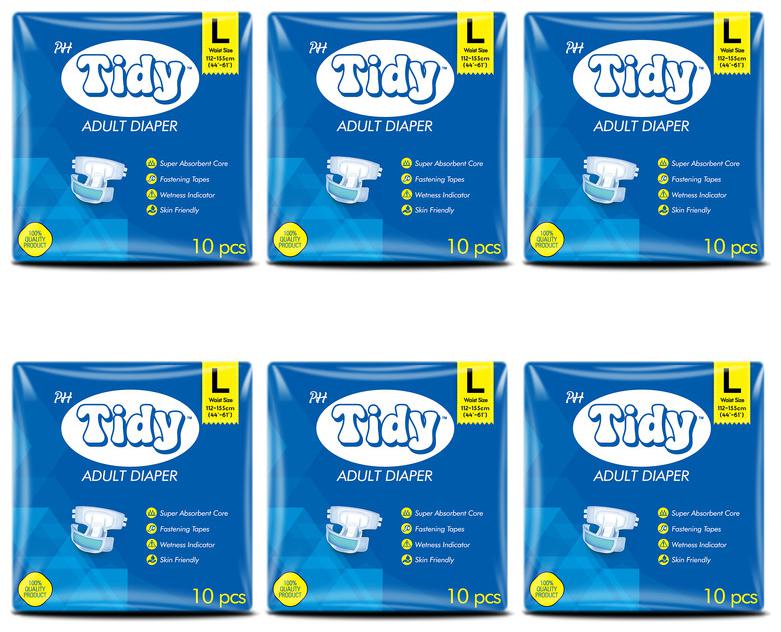 

Tidy Adult Diaper Large (112-155 cm) Waist Size ( 44-61)- Pack of 6 60 pcs pack