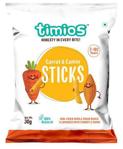 

Timios Snacks - Sticks Carrot Cumin 100 Natural Healthy 30 g