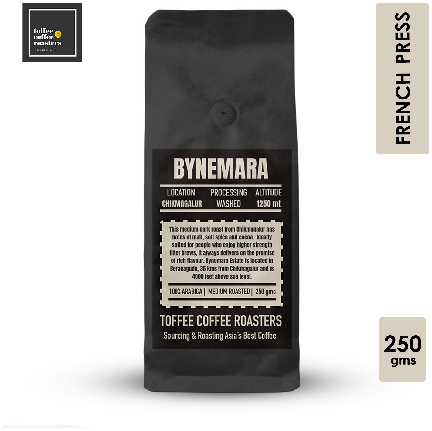 

Toffee Coffee Roasters Bynemara Estate Coffee 100 Arabica Medium Roasted (250 g) (French Press) Pack of 1