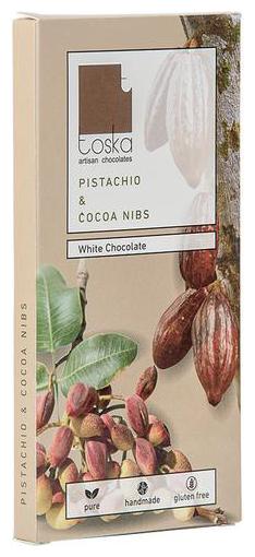 

Toska Chocolates Pistachio Cocoa Nibs White Chocolate 70 g