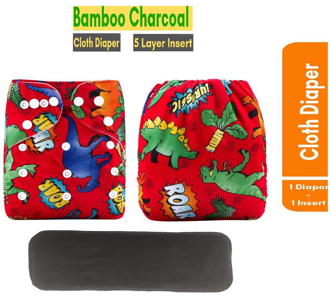 

Triple B 1pc Cloth Diaper With 1pc Bamboo Charcoal 5 Layer Insert Pad - Dino Pack of 2