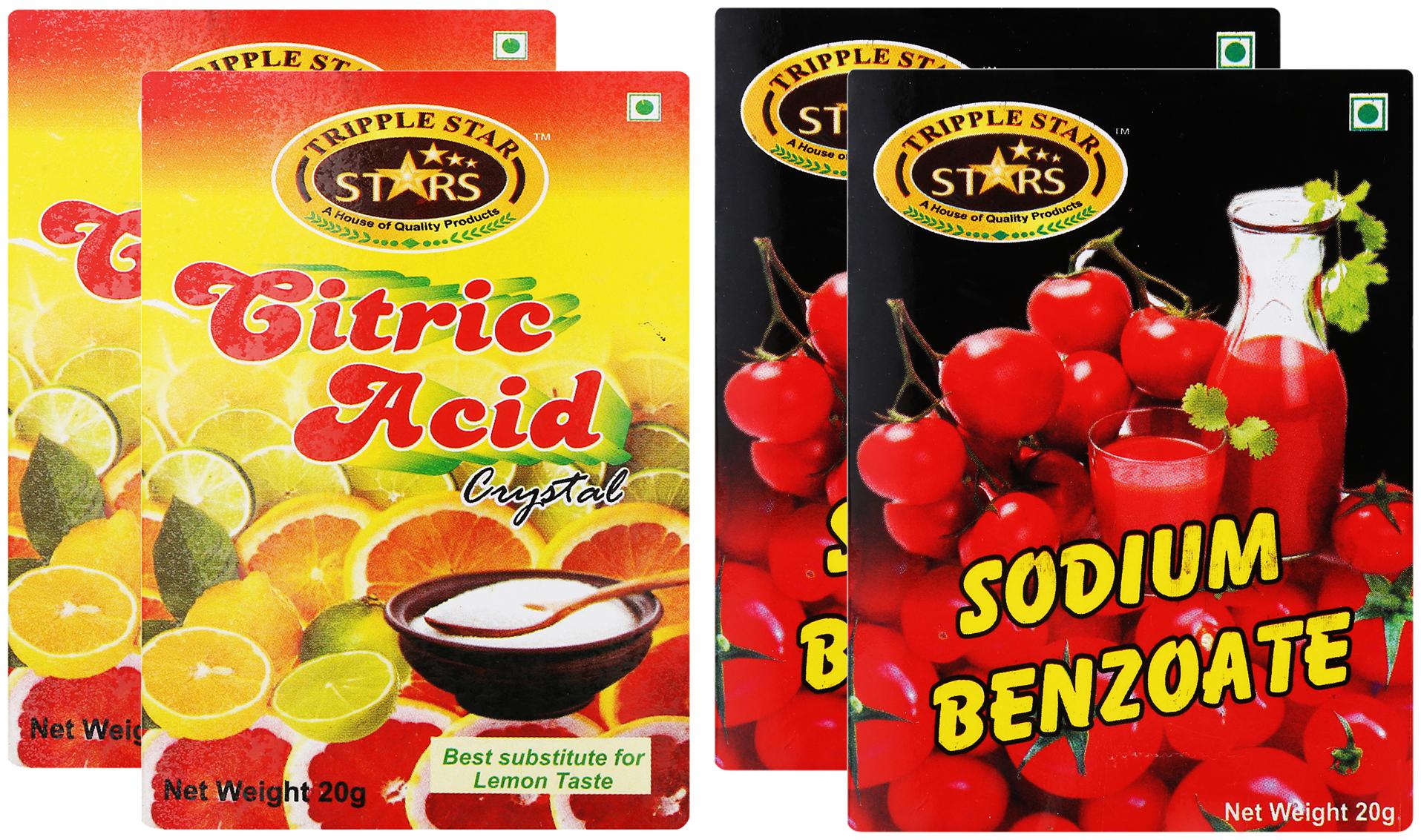

Tripple Stars Citric Acid- 20 g Pack Of 2 And Sodium Benzoate- 20 g Pack Of 2 (Pack Of 4)