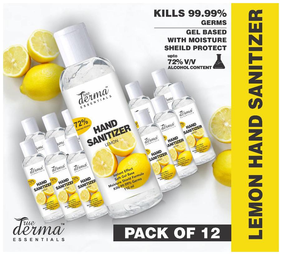 

True Derma Essentials Lemon - 72 Isopropyl Alcohol Hand Sanitizer (Instant Dry Rinse Free Non-sticky)-110ml (Pack of 12)