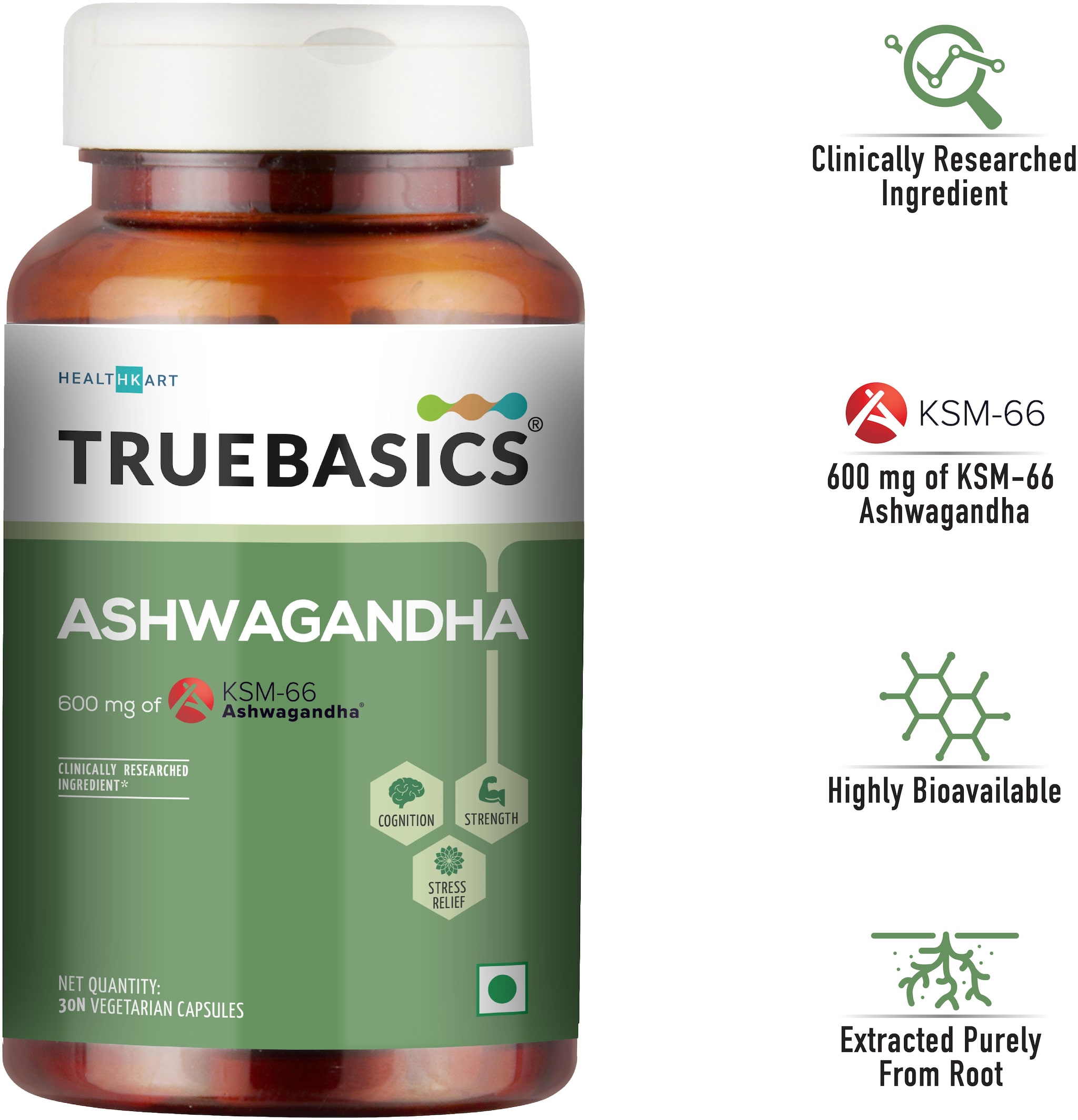 

TrueBasics Ashwagandha 600mg of KSM-66 Ashwagandha General Health Anxiety Stress Relief Energy Endurance Clinically Researched Ingredients 30 Veg Capsules Immunity Immunity Booster