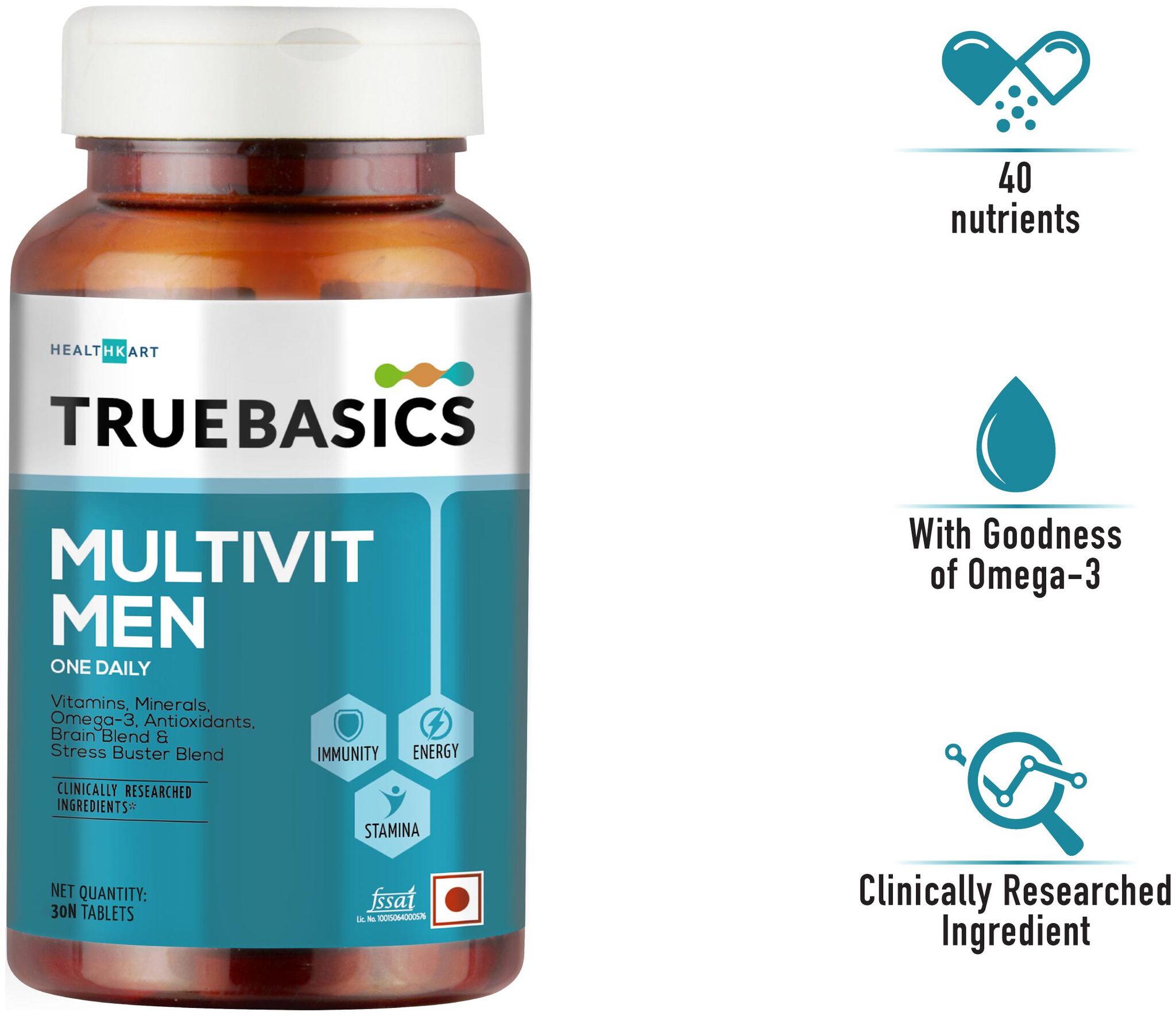 

TrueBasics Multivit Men One Daily Multivitamins Multiminerals Omega-3 Nutrition Supplement for Energy Immunity Stamina 30 Tablets