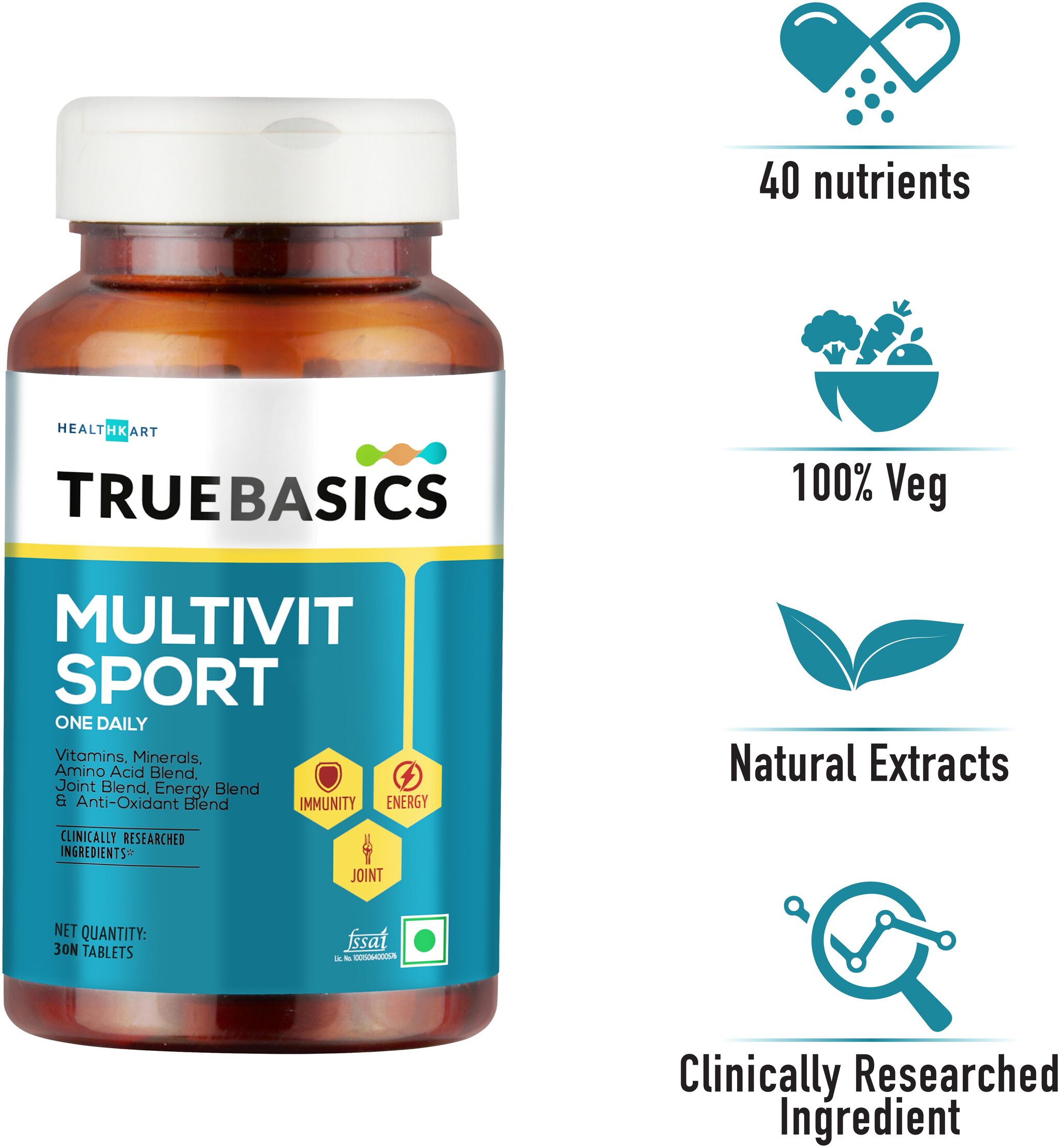 

TrueBasics Multivit Sport One Daily Multivitamins Multiminerals Anti-oxidants Amino Acids with Joint Energy Blends Nutrition Supplement for bodybuilding gym goers 30 Veg Tablets