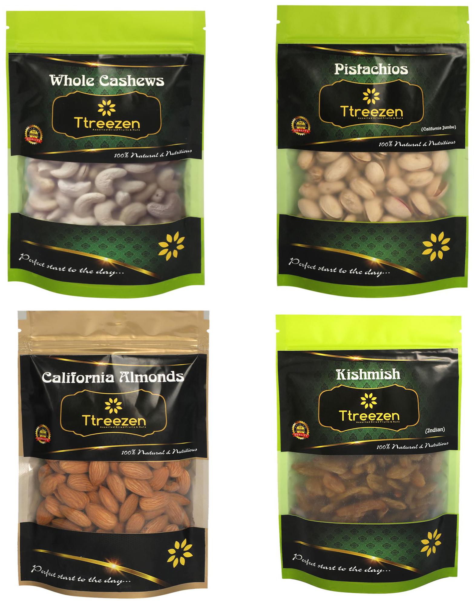 

Ttreezen Dry Fruits Combo California Almonds Pista Kaju Kishmish 200 g Each ( Pack Of 4 )