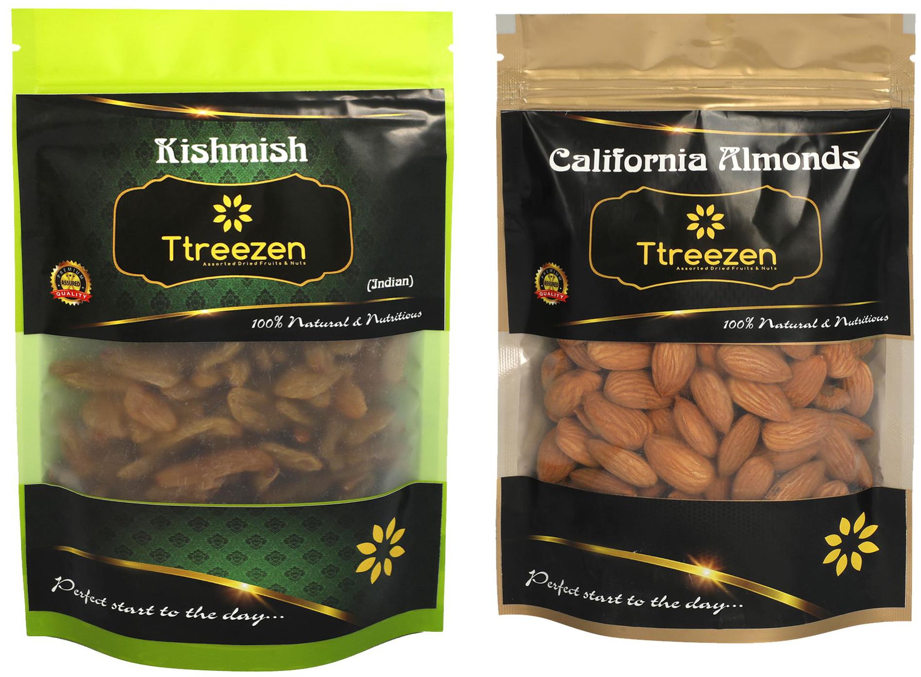 

Ttreezen Dry Fruits Combo California Almonds Kishmish 450 g Each ( Pack Of 2 )