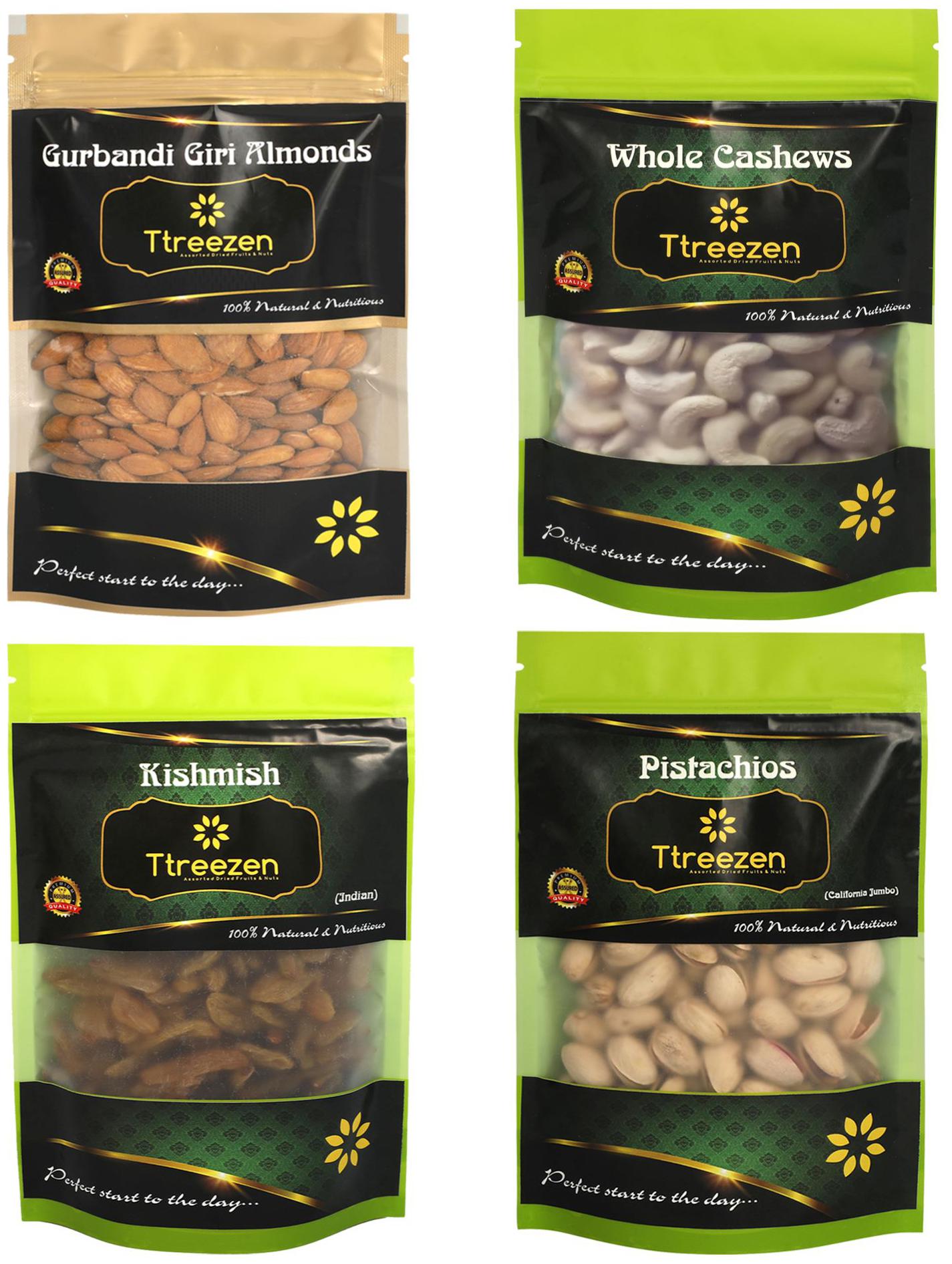 

Ttreezen Dry Fruits Combo Gurbandi Almonds Pista Kaju Kishmish 200 g Each ( Pack Of 4 )