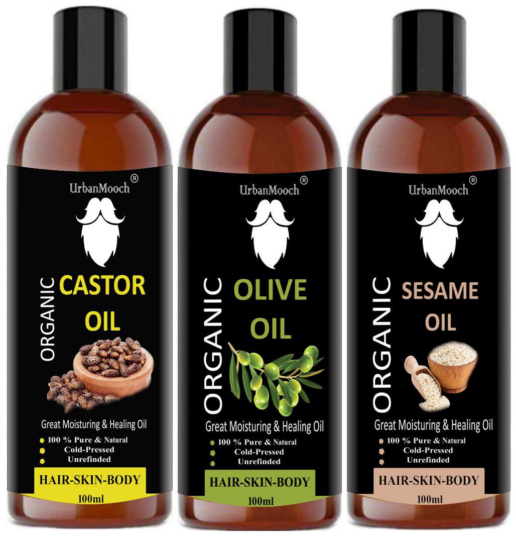 

UrbanMooch Castor Oil Olive Oil Sesame Oil 100 ml Each (Pack of 3 )