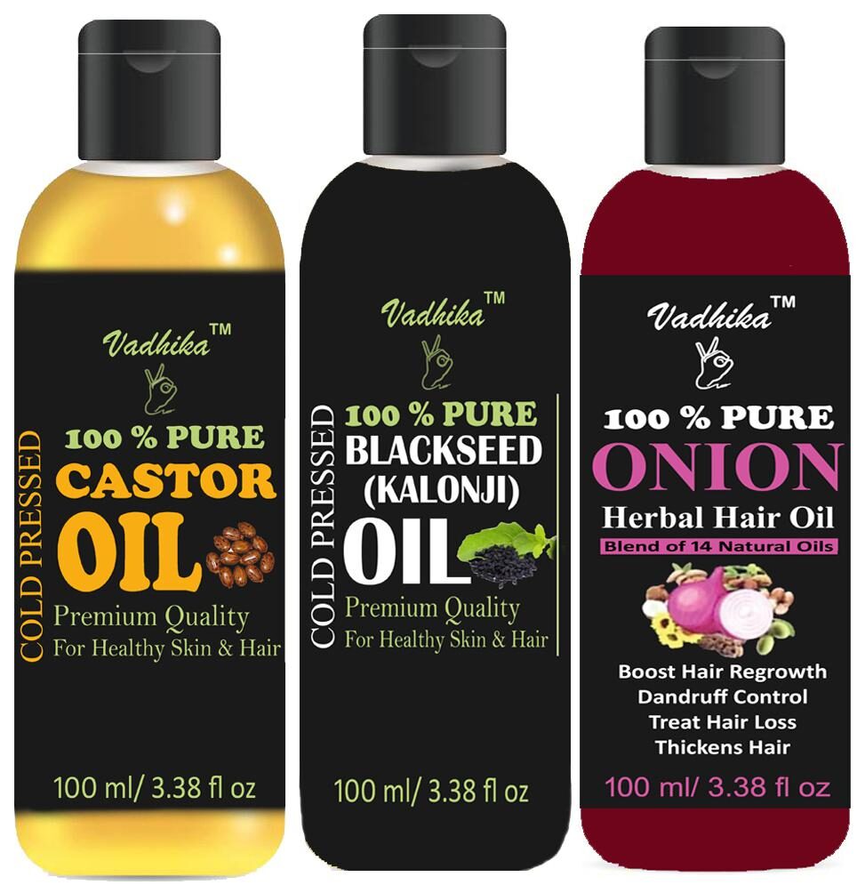 

Vadhika 100 Pure Castor Oil And Blackseed Oil ONION Oil (100ml each)Pack of 3
