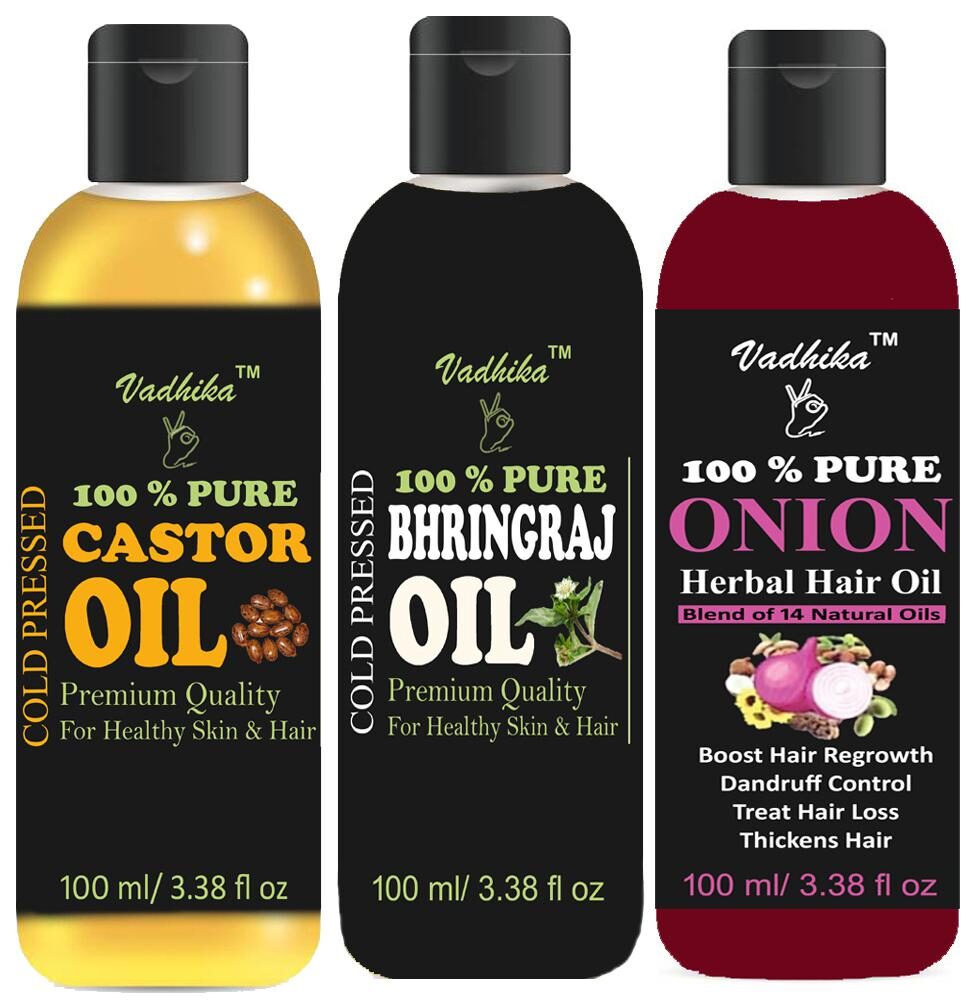 

Vadhika 100 Pure Castor Oil And Bhringraj Oil ONION Oil (100ml each)Pack of 3