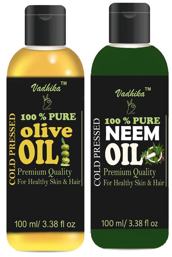 

Vadhika 100 Pure Natural Cold Pressed Olive Neem oil for Hair Skin pack of 2 bottles of 100 ml(200 ml)