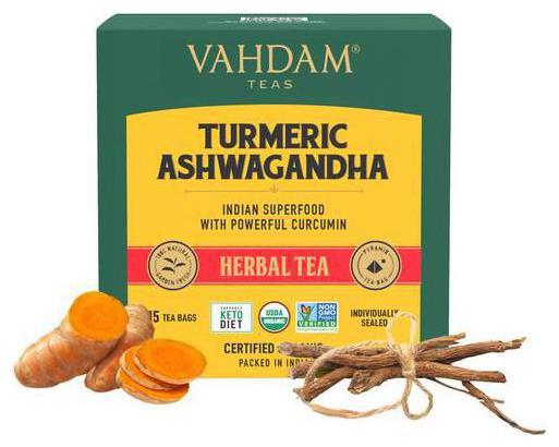 

Vahdam Turmeric Ashwagandha Long Leaf Herbal Pyramid Tea Bags 30g