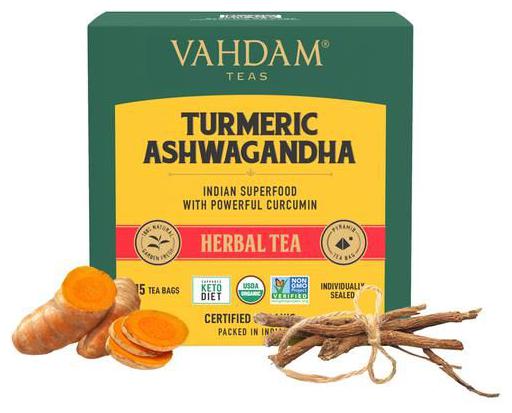 

Vahdam Turmeric Ashwagandha Long Leaf Herbal Pyramid Tea Bags 30g