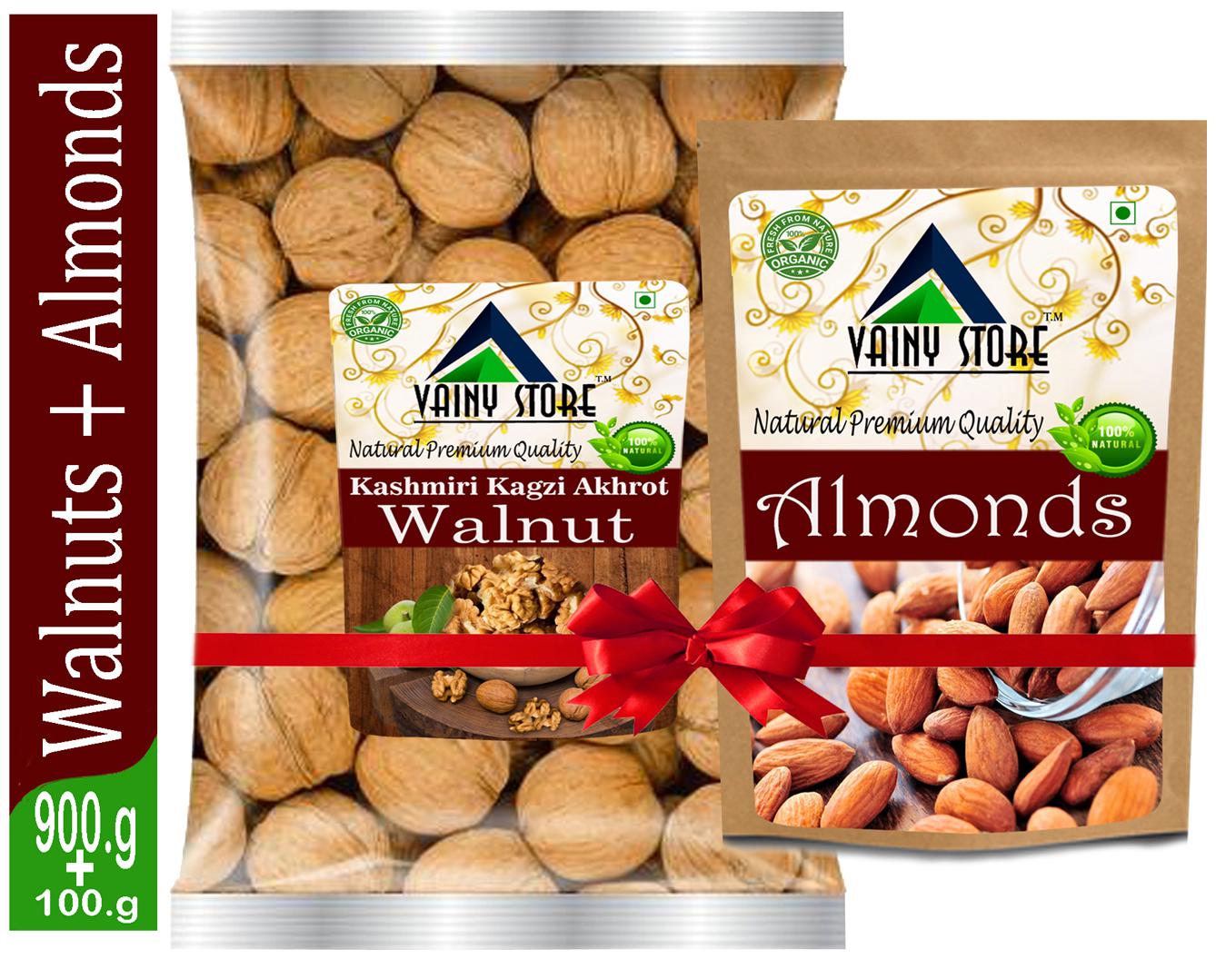 

Vainy store Original Kashmiri Kagzi Akhrot Jumbo Walnut in Shell 900g and 100g Almond Free Combo Pack Walnuts Almonds