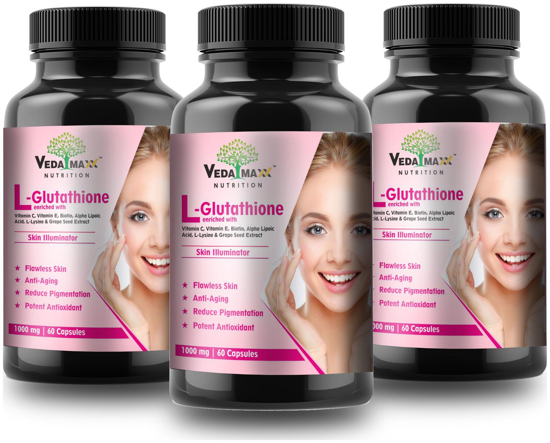 

VEDA MAXX L- Glutathione for glow skin with grape seed vitamin c biotin 60 capsules each (pack of 3) Immunity Immunity Booster