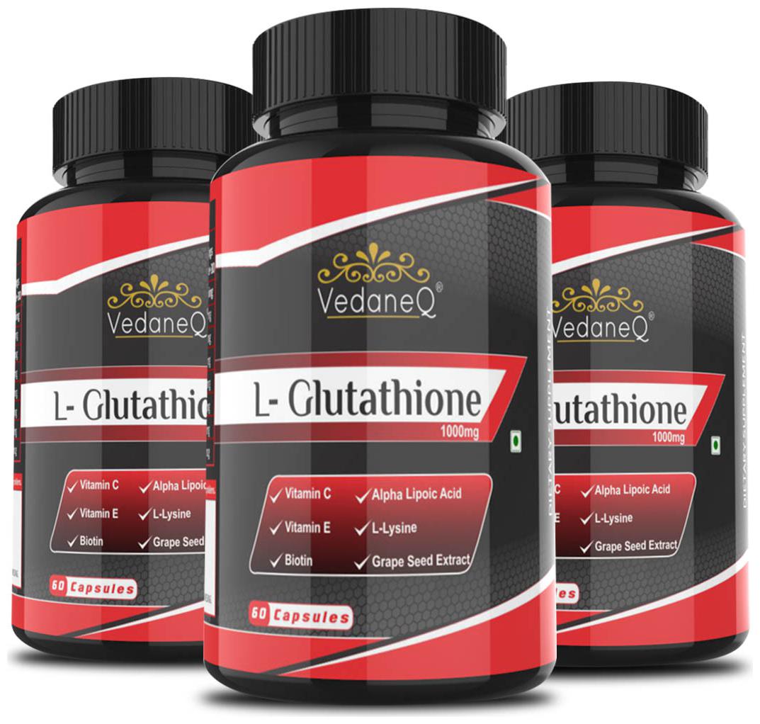 

VedaneQ L Glutathione 1000mg Capsules for glow skin with grape seed vitamin c biotin Vitamin E 60 Capsules (Pack of 3) Immunity Immunity Booster