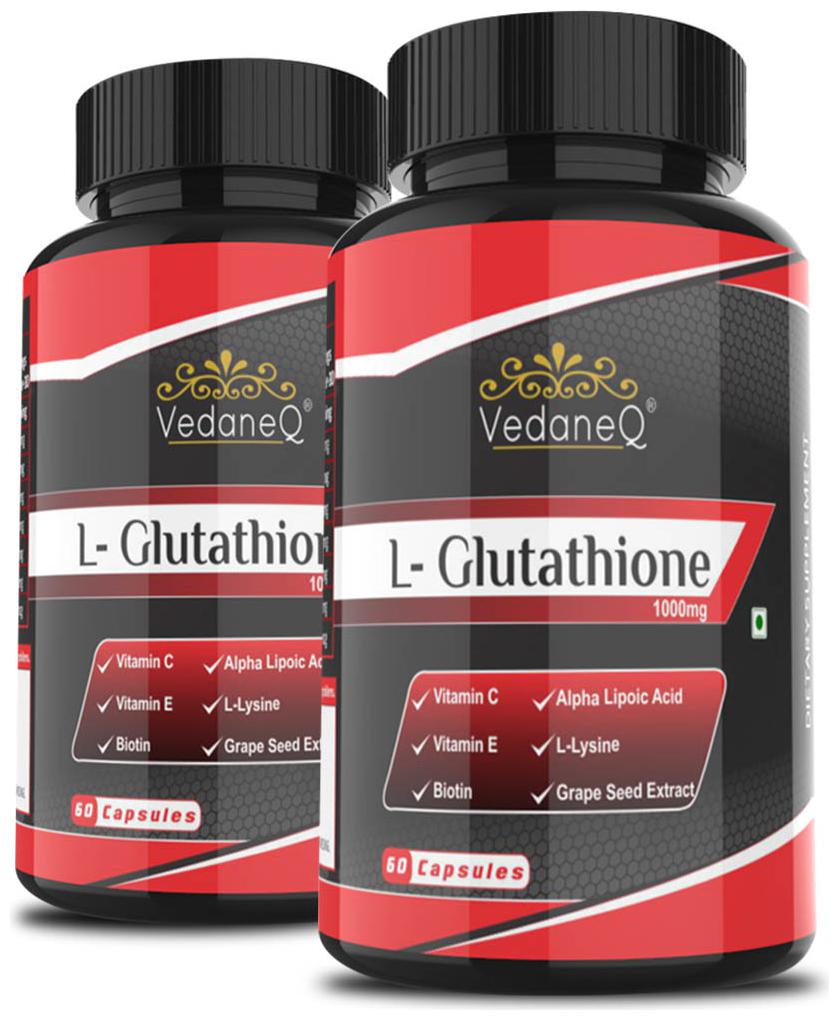 

VedaneQ L Glutathione 1000mg Capsules for glow skin with grape seed vitamin c biotin Vitamin E 60 Capsules (Pack of 2) Immunity Immunity Booster