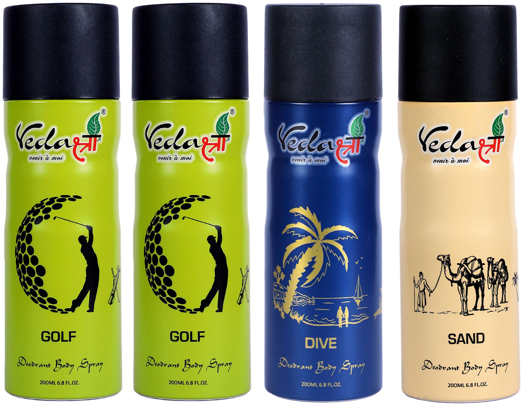 

Vedashree 2 Golf 200ml Dive 200ml And Sand 200ml Deodorant Spray For Men Women (Pack of 4)