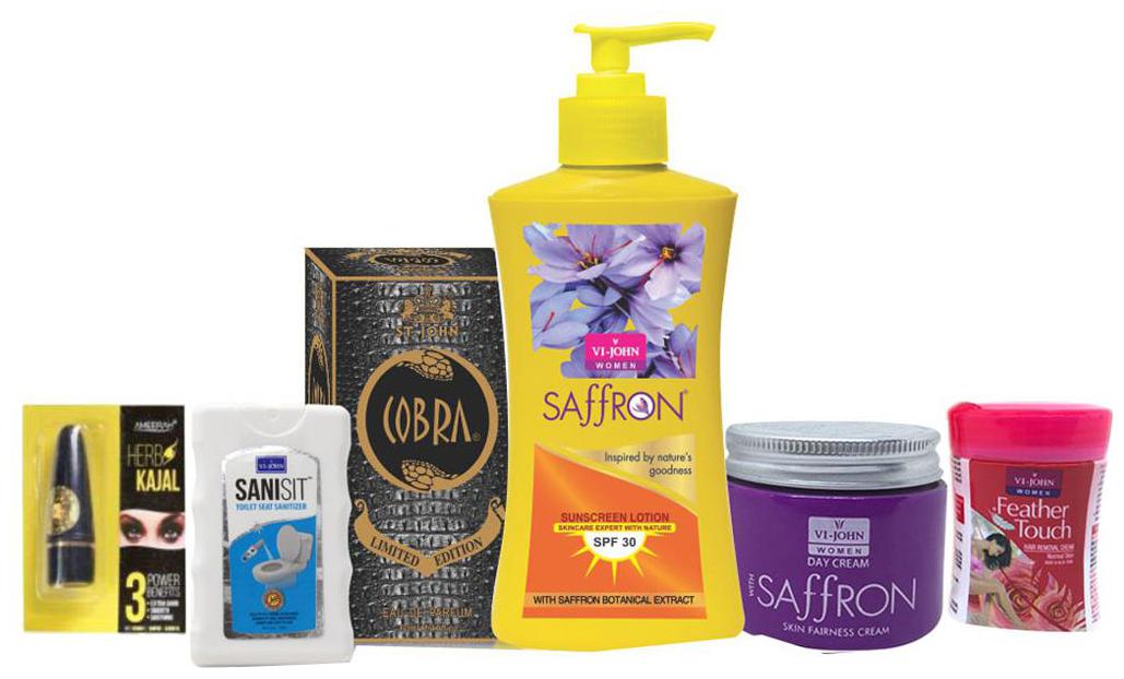 

VI-JOHN Feminine Hygiene Kit 1 Vi-John Sunscren Lotion 250 ml 1 Cobra Perfume 60 ml 1 Vi-John Saffron fairness Cream 50g 1 Vi-John Hair Removal Cream 40g 1 Vi-John Kajal 2 5g 1 Vi-John Sanisit 20ml