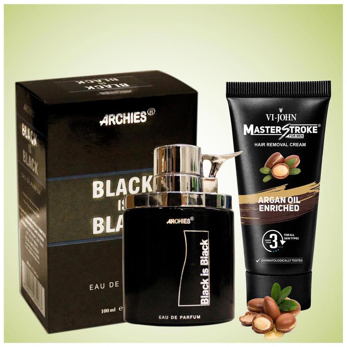 

Vi-John Fragrance Set- Perfume Black Is Black 100ml Men Hair Removal Cream Master Stroke- Argen Oil 60g )