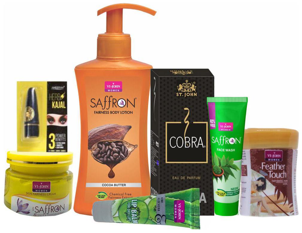 

VI-JOHN Gift Set For Women ( Body Lotion 250 ml Cobra Perfume 30 ml Saffron fairness Cream 50 g Hair Removal Cream 40 g Kajal 2 5 g Face Wash 21 ml Lip Balm 10 g)