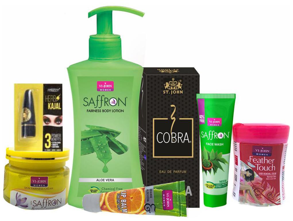 

VI-JOHN Gift Set For Women ( Body Lotion 250 ml Cobra Perfume 30 ml Saffron fairness Cream 50 g Hair Removal Cream 40 g Kajal 2 5 g Face Wash 21 ml Lip Balm 10 g)